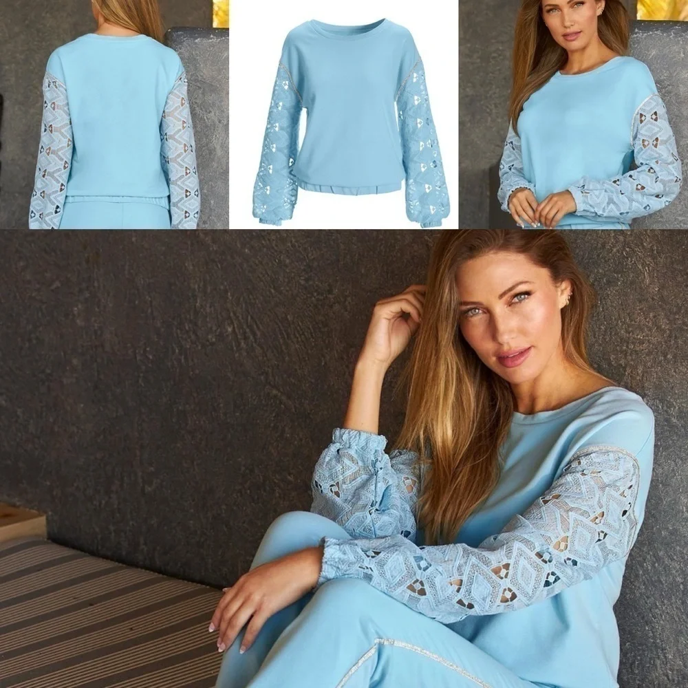 BOSTON PROPER Embellished Lace Sleeve Sweatshirt MEDIUM - Picture 5 of 9